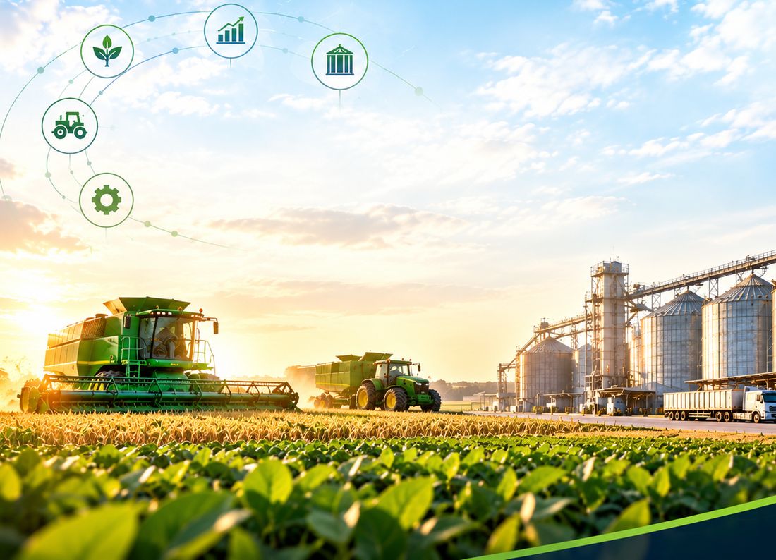 Colheita mecanizada ao lado de silos e indústria, com ícones de gestão conectados